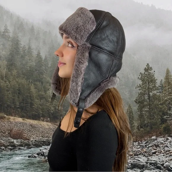 Real Sheepskin Leather Trapper Hat | Leather Aviator | Russian Ushanka - Picture 9 of 10